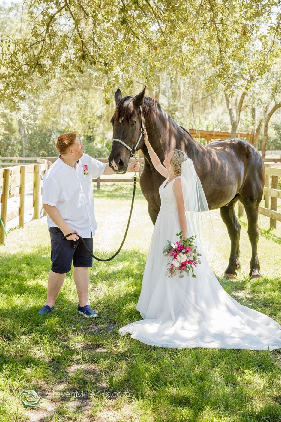 A bride and groom petting a large brown horse on the day of their wedding at BLB Hacienda 