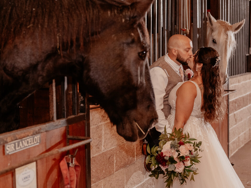 The happy couple kissing in the barn with a beautiful black horse looking upon them at BLB Hacienda