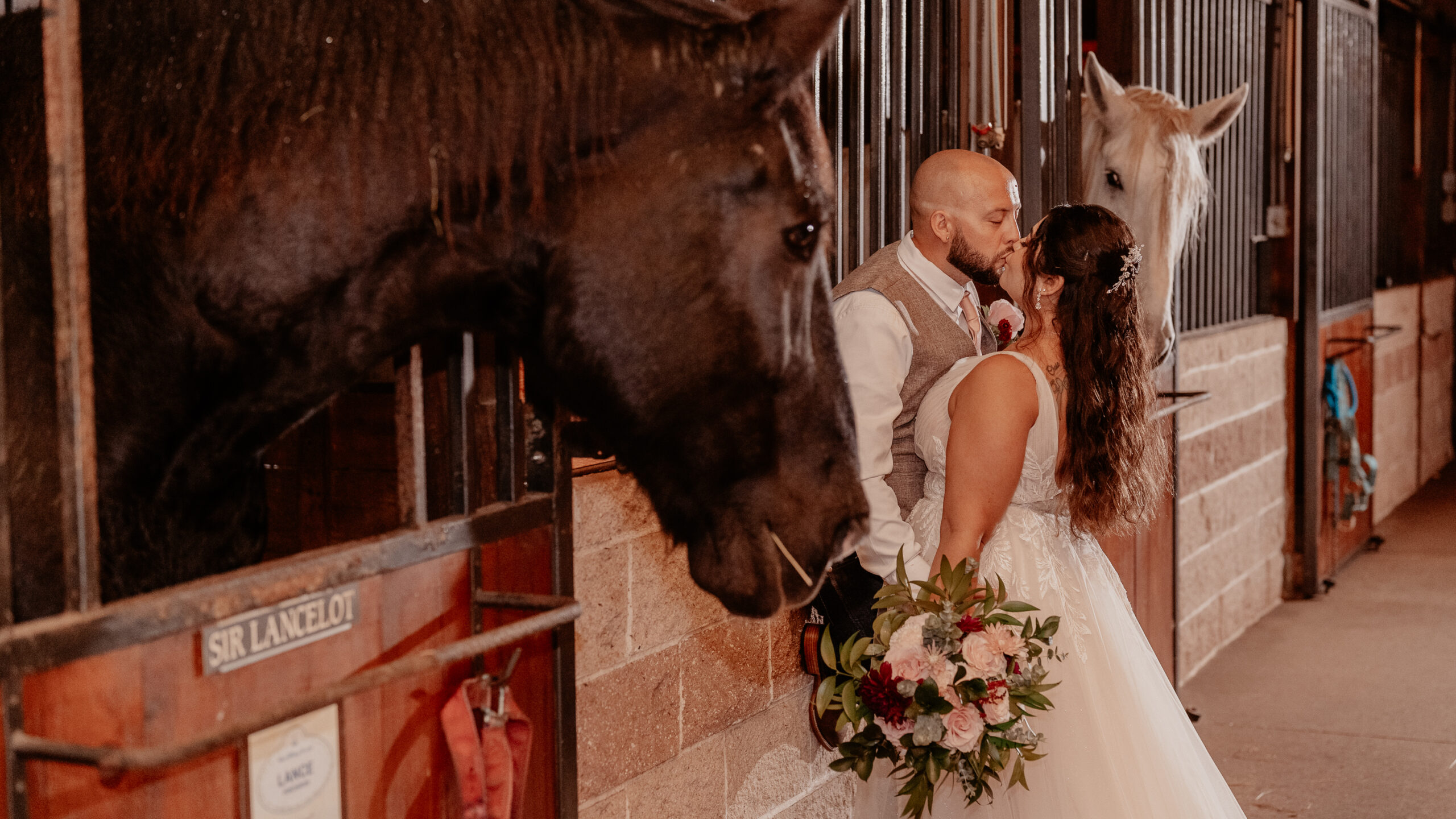 The happy couple kissing in the barn with a beautiful black horse looking upon them at BLB Hacienda